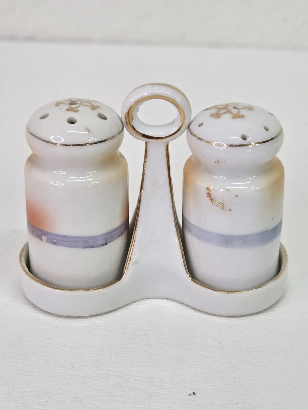 Antique Noritake Tree in Meadow Hand Painted Salt Pepper Shakers Set Caddy Japan